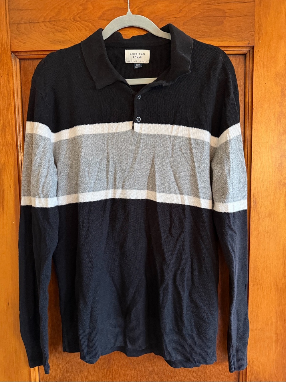 American Eagle Outfitters Men’s Black, Gray & White Striped Long-Sleeve Polo